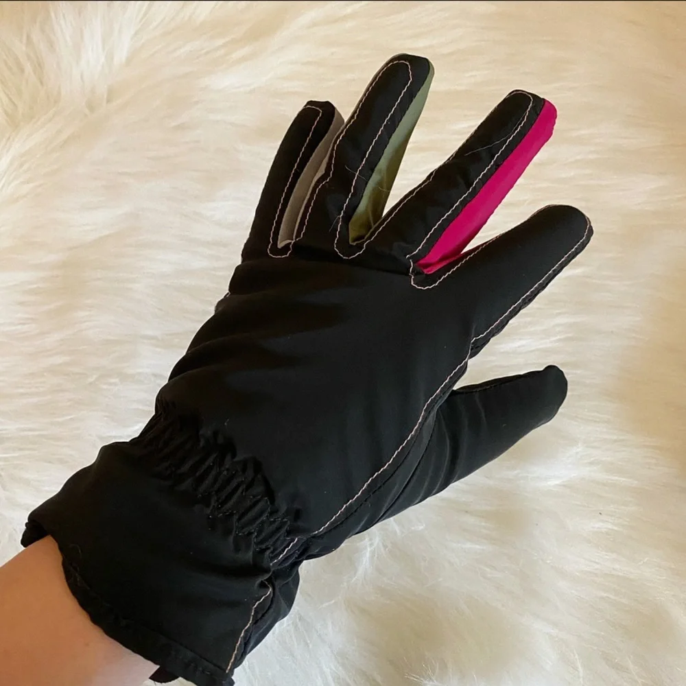 Black Gloves w Pink, Green and Grey Inner Fingers